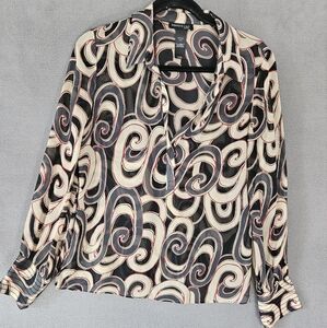 Kenneth Cole Womens Petite 10P Shirt Button Up 100% Silk Sheer Swirl Long Sleeve